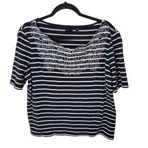 Rafaella Womens Sz XL Black White Striped Short Sleeve Blouse
